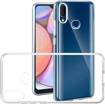Samsung Galaxy A10s Hoes Cover TPU Siliconen Hoesje Transparant + Screenprotector Tempered Gehard Glas Pearlycase
