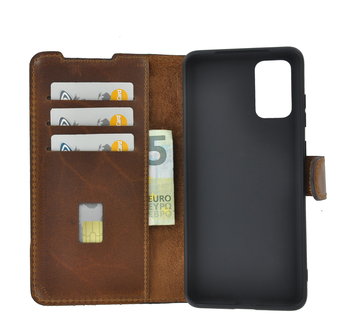 Samsung Galaxy S20 Plus hoesje Echt Leer Wallet Bookcase hoes cover Antiek Cognac Bruin Pearlycase
