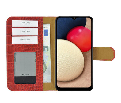 Samsung Galaxy A03s Hoesje - Bookcase - Samsung A03s Hoesje Book Case Portemonnee Wallet Echt Leder Croco Rood Cover