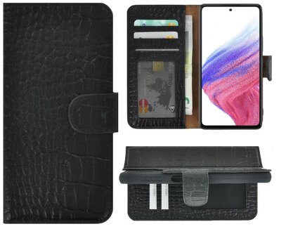 Samsung Galaxy A53 5G Hoesje - Bookcase - Samsung A53 5G Hoesje Book Case Wallet Echt Leer Croco Zwart Cover