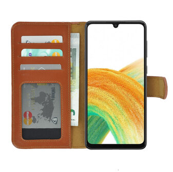 Samsung Galaxy A33 5G Hoesje - Bookcase - Samsung A33 5G Hoesje Book Case Wallet Echt Leer Cognac Bruin Cover