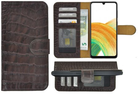 Samsung Galaxy A33 5G Hoesje - Bookcase - Samsung A33 5G Hoesje Book Case Wallet Echt Leer Croco Chocoladebruin Cover