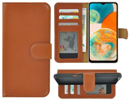 Samsung Galaxy A23 Hoesje - Bookcase Hoesje - Samsung A23 5G Wallet Book Case Echt Leer Cognacbruin Cover