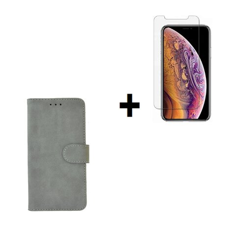 iPhone 11 Hoes Pearlycase Cover Wallet Book Case Grijs + Screenprotector Tempered Gehard Glas