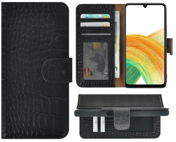 Samsung Galaxy A33 5G Hoesje - Bookcase - Samsung A33 5G Hoesje Book Case Wallet Echt Leer Croco Zwart Cover