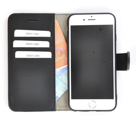 Apple-iPhone-6/6S-Echt-Leer-Handmade-Wallet-Bookcase-Pearlycase®-Hoesje-Effen-Zwart