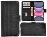 Apple-iPhone-X-Xs-hoesje-Cover-Wallet-Bookcase-Pearlycase-Echt-Leder-hoes-Croco-Zwart