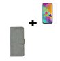 Samsung-Galaxy-A10s-Hoes-Wallet-Book-Case-Grijs-hoesje-PU-Leder-Pearlycase-+-Screenprotector-Tempered-Gehard-Glas