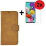 Samsung-Galaxy-A71-A71s-Hoes-Wallet-Book-Case-Cover-Pearlycase-Bruin-+-2X-Screenprotector-Tempered-Gehard-Glas-2-stuks