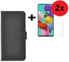Samsung-Galaxy-A71-A71s-Hoes-Wallet-Book-Case-Cover-Pearlycase-Zwart-+-2X-Screenprotector-Tempered-Gehard-Glas-2-stuks