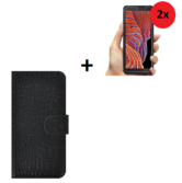 Samsung Galaxy Xcover 5 Echt Leer Hoesje Croco Zwart + 2x Screenprotector