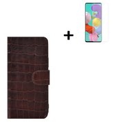 Oppo-A73-5G-Hoesje-Oppo-A73-5G-Screenprotector-Oppo-A73-5G-Wallet-Book-Case-Echt-Leer-Croco-Bruin-+-Screenprotector