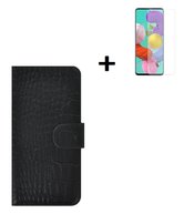 Oppo A73 5G Hoesje Echt Leder Croco Zwart + Screenprotector