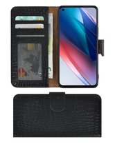 Oppo Find X3 Lite Hoesje Echt Leer Croco Zwart