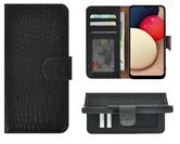 Samsung-Galaxy-A03s-Hoesje-Bookcase-Samsung-A03s-Hoesje-Book-Case-Portemonnee-Wallet-Echt-Leder-Croco-Zwart-Cover