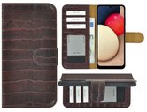 Samsung-Galaxy-A03s-Hoesje-Bookcase-Samsung-A03s-Hoesje-Book-Case-Portemonnee-Wallet-Echt-Leder-Croco-Kastanjebruin-Cover