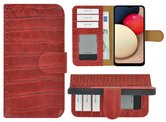 Samsung-Galaxy-A03s-Hoesje-Bookcase-Samsung-A03s-Hoesje-Book-Case-Portemonnee-Wallet-Echt-Leder-Croco-Rood-Cover