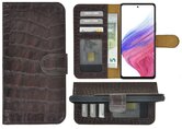 Samsung-Galaxy-A53-5G-Hoesje-Bookcase-Samsung-A53-5G-Hoesje-Book-Case-Wallet-Echt-Leer-Croco-Chocoladebruin-Cover