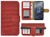 Nokia-G60-Hoesje-Bookcase-Nokia-G60-Book-Case-Wallet-Echt-Leer-Croco-Rood-Cover