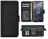 Nokia-G60-Hoesje-Bookcase-Nokia-G60-Book-Case-Wallet-Echt-Leer-Croco-Zwart-Cover