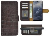 Nokia-G60-Hoesje-Bookcase-Nokia-G60-Book-Case-Wallet-Echt-Leer-Croco-Chocoladebruin-Cover