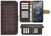 Nokia-G60-Hoesje-Bookcase-Nokia-G60-Book-Case-Wallet-Echt-Leer-Croco-Kastanjebruin-Cover