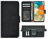 Samsung-Galaxy-A23-Hoesje-Bookcase-Hoesje-Samsung-A23-5G-Wallet-Book-Case-Echt-Leer-Croco-Zwart-Cover