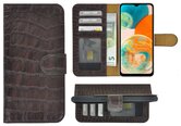 Samsung-Galaxy-A23-Hoesje-Bookcase-Hoesje-Samsung-A23-5G-Wallet-Book-Case-Echt-Leer-Croco-Chocoladebruin-Cover