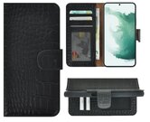 Samsung-Galaxy-S22-Plus-Hoesje-Bookcase-Hoesje-Samsung-S22-Plus-Wallet-Book-Case-Echt-Leer-Croco-Zwart-Cover