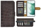 Samsung-Galaxy-S22-Plus-Hoesje-Bookcase-Hoesje-Samsung-S22-Plus-Wallet-Book-Case-Echt-Leer-Croco-Chocoladerbuin-Cover