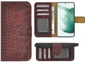 Samsung-Galaxy-S22-Plus-Hoesje-Bookcase-Hoesje-Samsung-S22-Plus-Wallet-Book-Case-Echt-Leer-Croco-Bordeauxrood-Cover